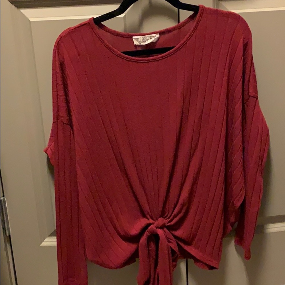 Audrey 3+1 long sleeve burgundy tie front sweater